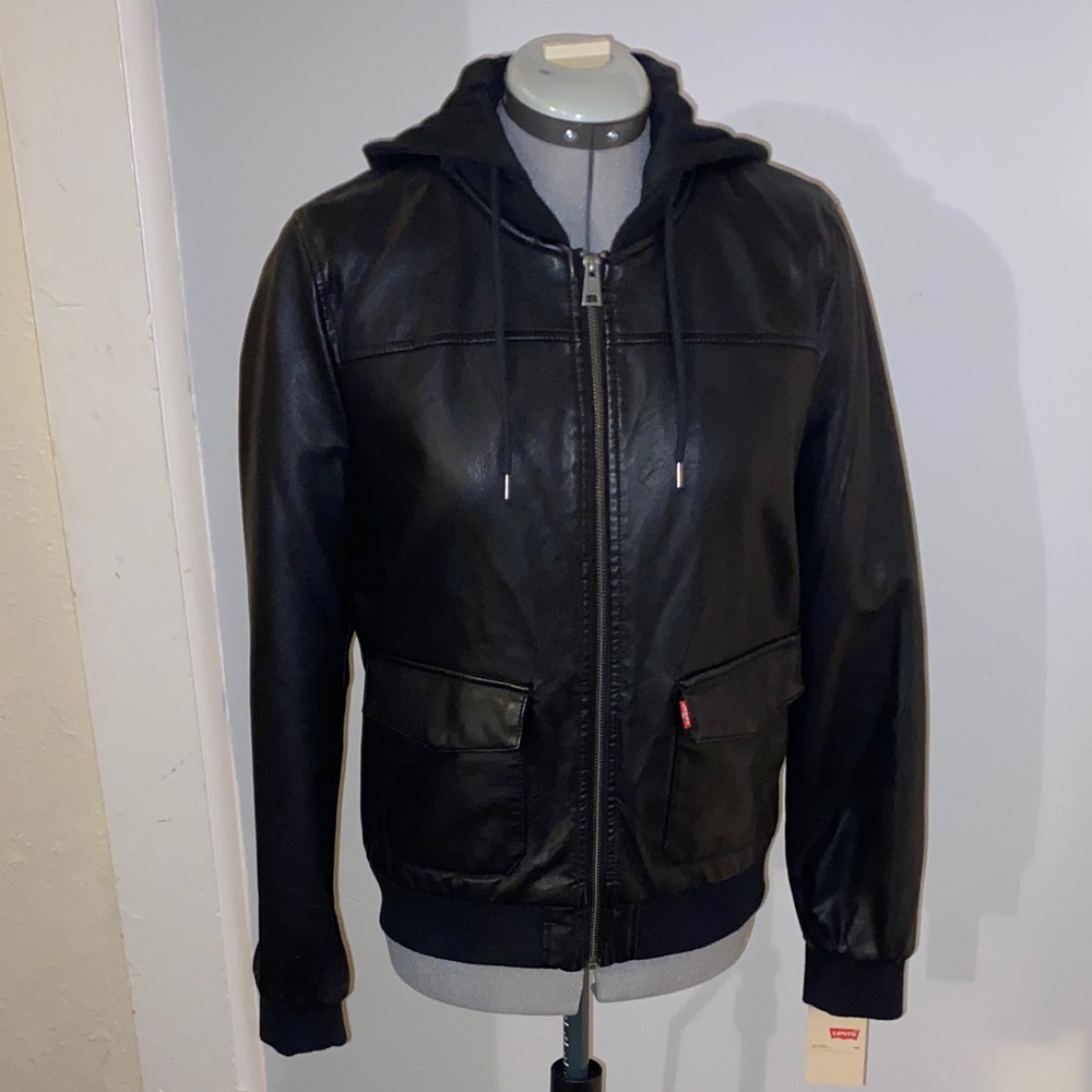 Levi's Black Faux Leather Jacket with Hood